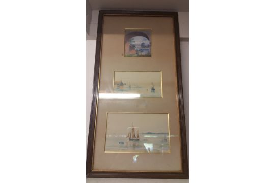 Two Watercolours of Sailing Scenes; with a country scene, all in one frame.