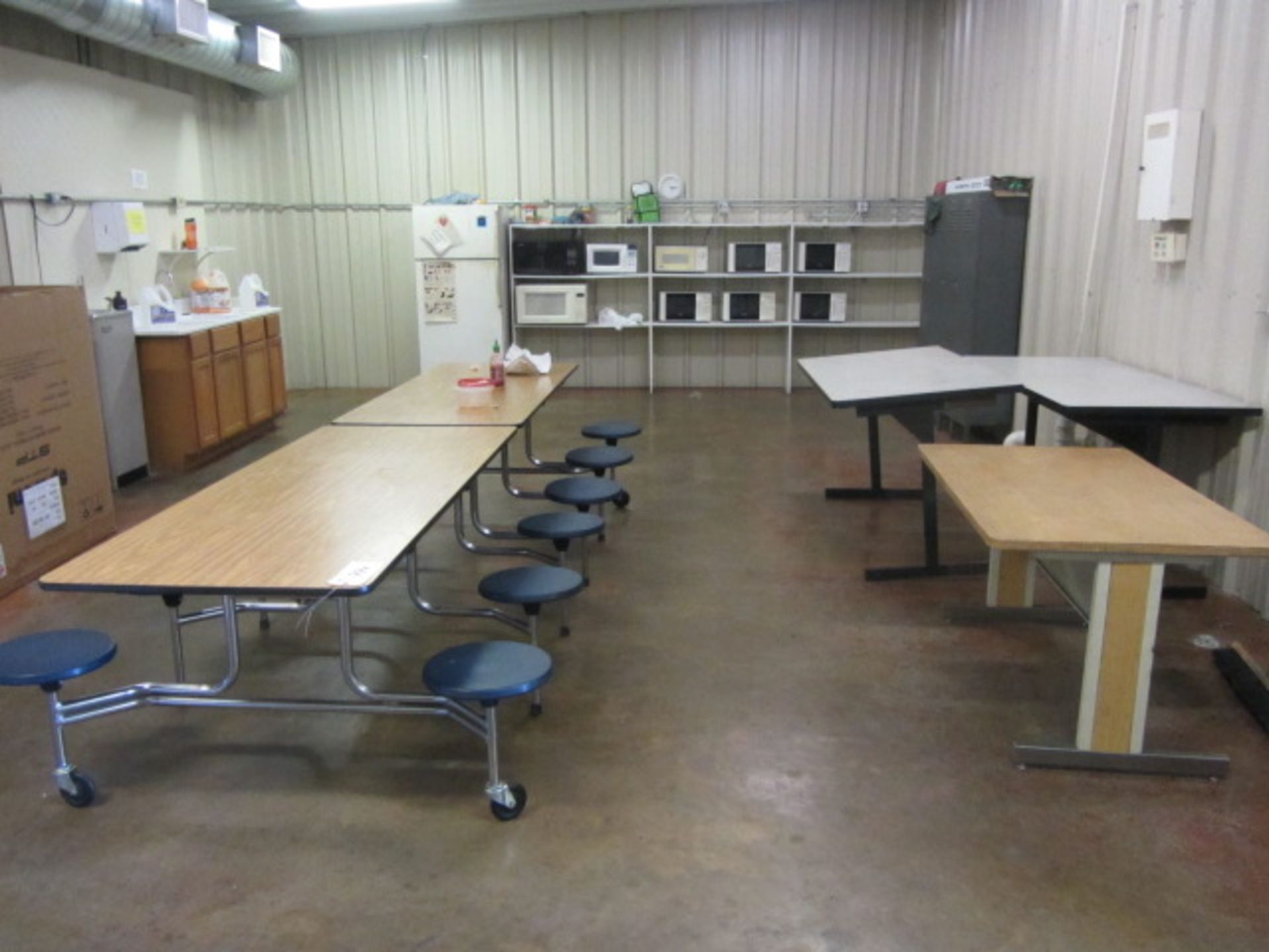 Contents of Break Room including (2) Portable Tables, Refrigerator, (8) Microwaves