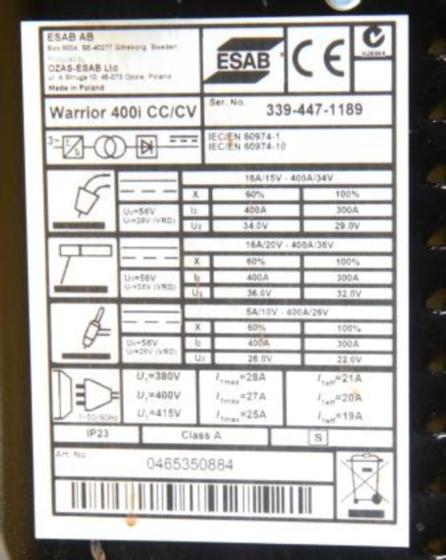 ESAB Warrior 400i CC/CV Weld Set Complete With Warrior Feed 304. - Image 4 of 6