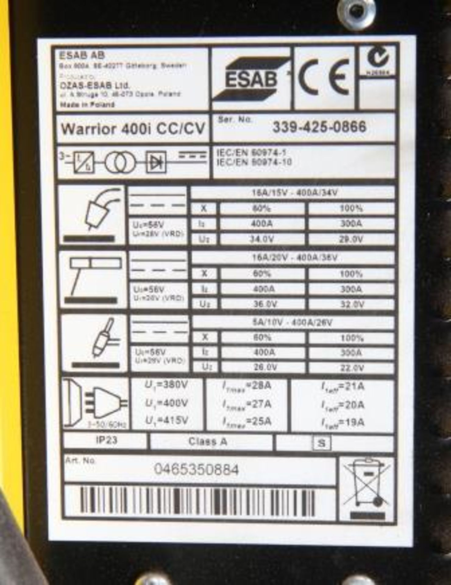 ESAB Warrior 400i CC/CV Weld Set Complete With Warrior Feed 304 - Image 3 of 5