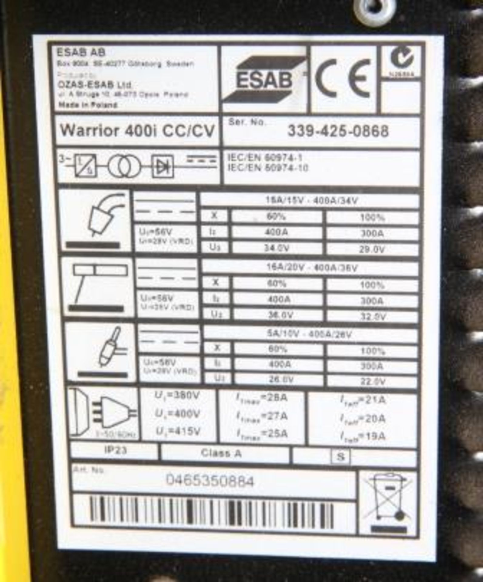 ESAB Warrior 400i CC/CV Weld Set Complete With Warrior Feed 304 - Image 6 of 6