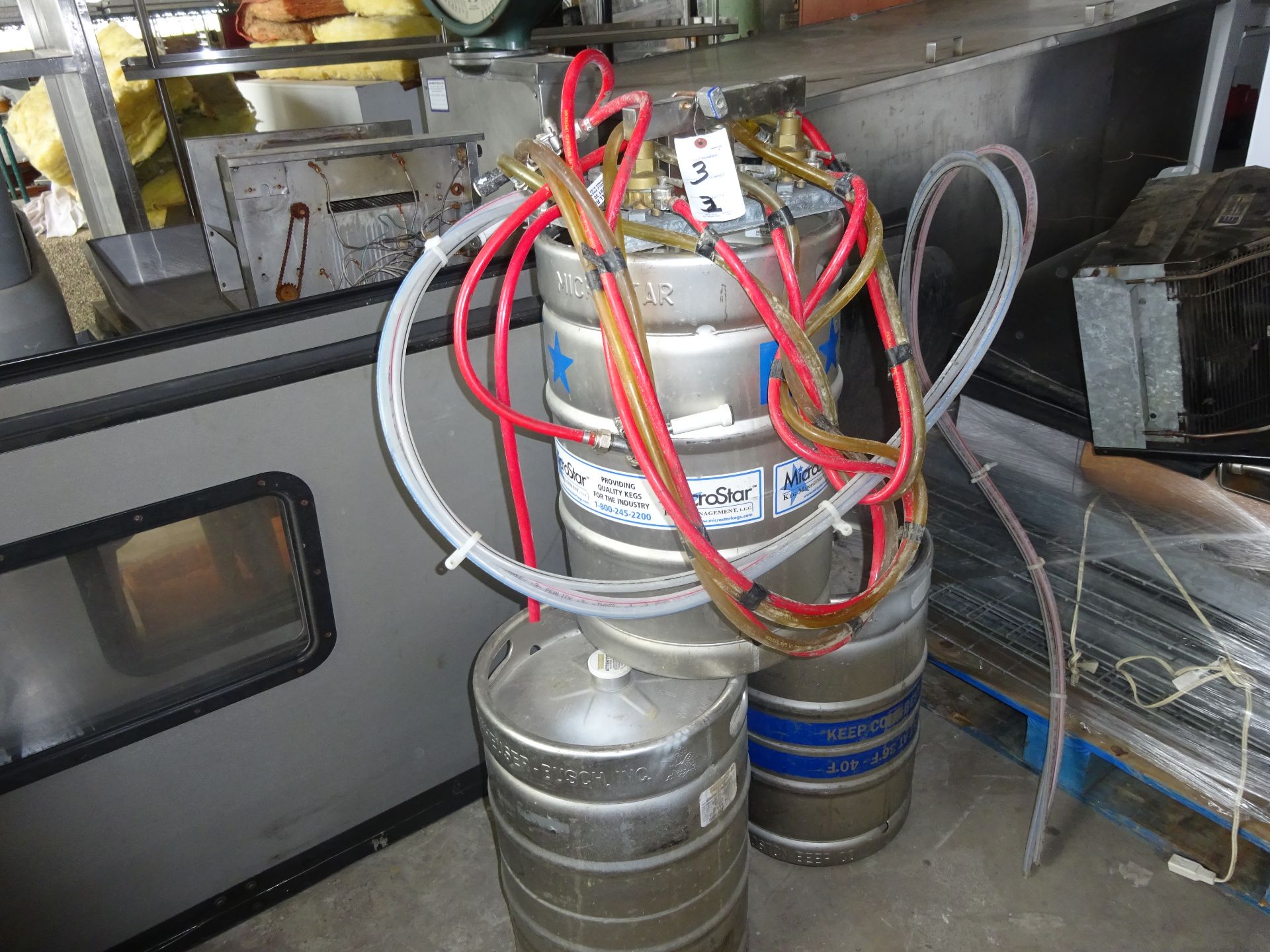 THREE HALF DRAFT BEER BARRELS INCLUDEING REGULATORS, GAUGES & KEG TAPPERS