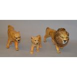 Trio of Beswick Lions: Lion (AF, restoration to leg and tail), Lioness,