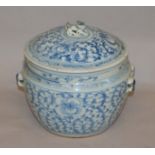 19th century blue and white handpainted temple jar in oriental style, possibly Japanese.