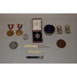 Collection of silver and other items including a hallmarked silver and ivory letter opener,