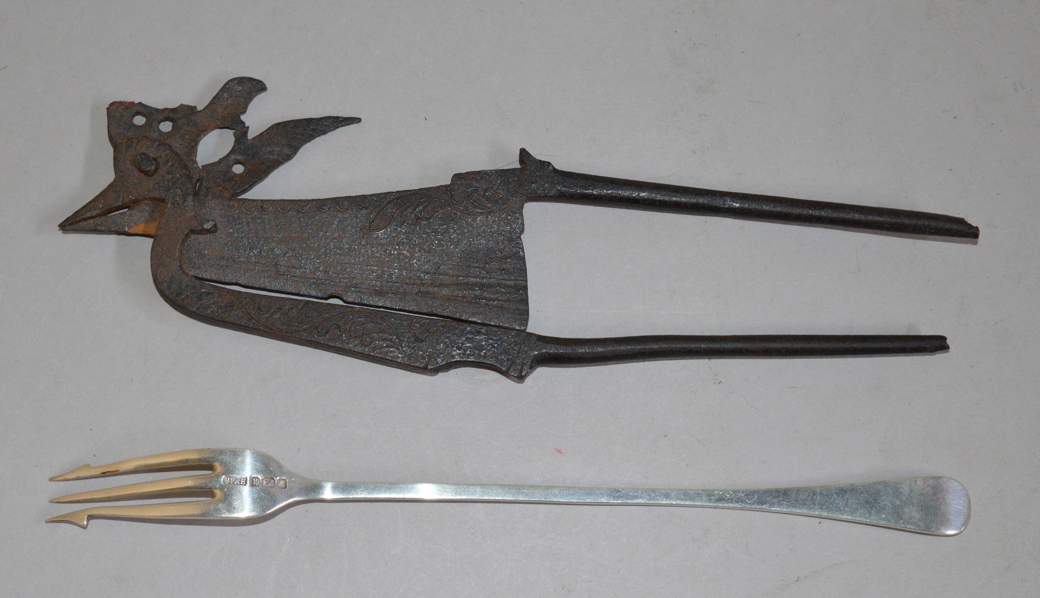 Hallmarked Silver pickle fork together with an interesting 19th century cutting tool in the form of