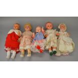 Five dolls, plastic and composition, height of tallest 65cm.