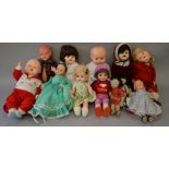 Mixed lot of 10 dolls, including hard plastic, celluloid and cloth. Conditions vary.