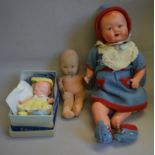 Three dolls: Norah Wellings cloth doll with moulded felt face and painted features,
