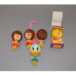 Five Mattel/Burbank Toys Talk Ups: Zippy Zoe, VG in F box; three brunette dolls,