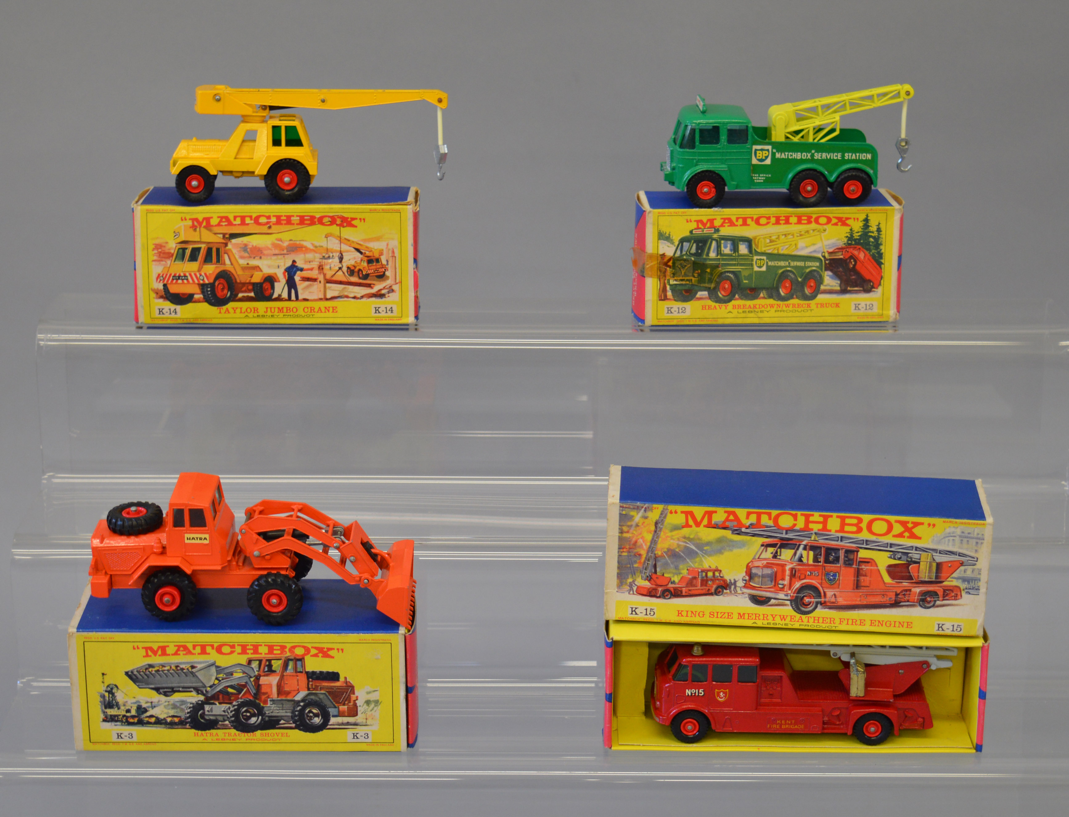 Four Matchbox King Size models: K-3 Hatra Tractor Shovel; K-12 Heavy Breakdown Wreck Truck;