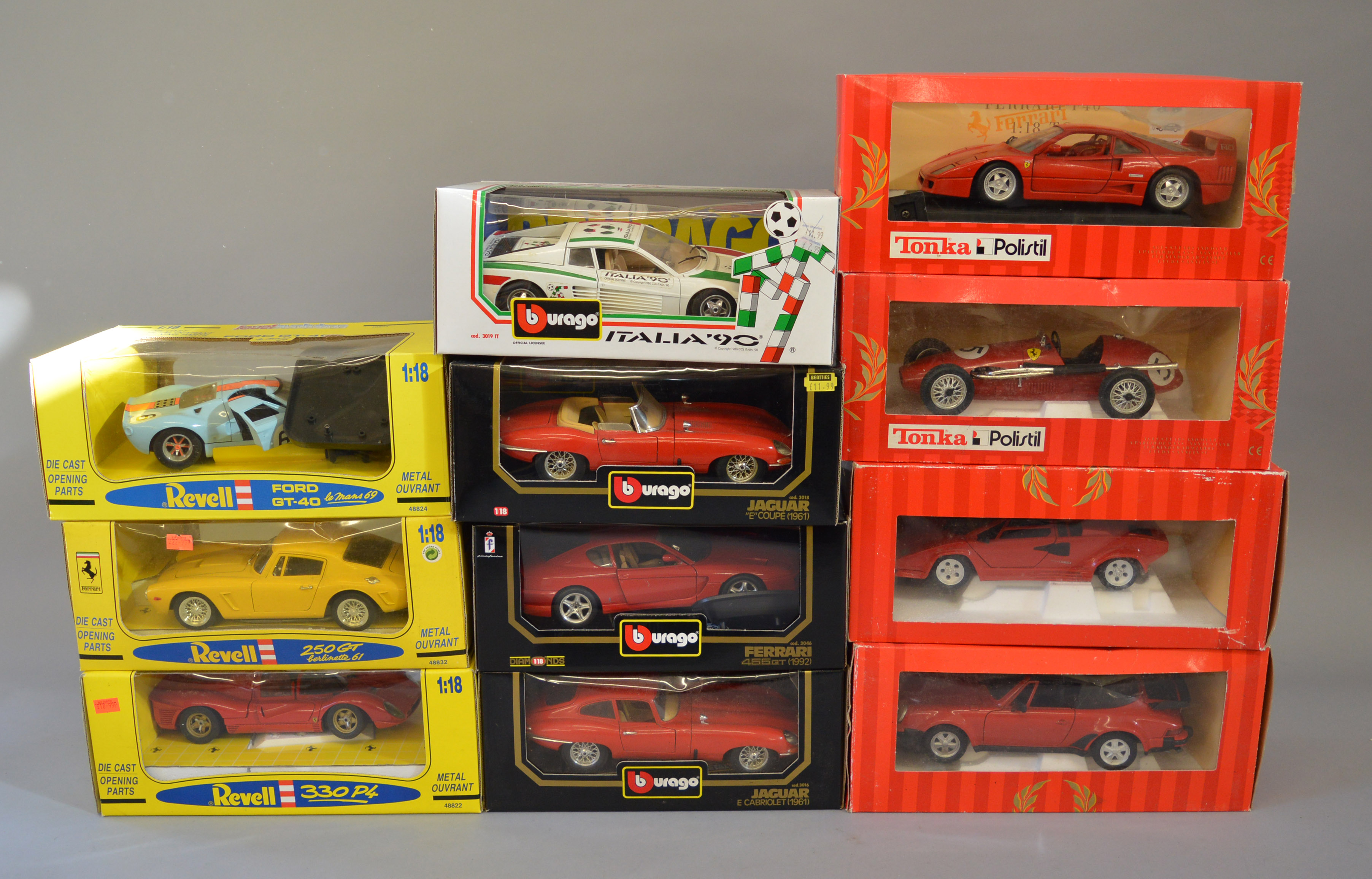 11 x 1:18 scale diecast model cars by Bburago, Polistil and Jouef, includes Ferrari.