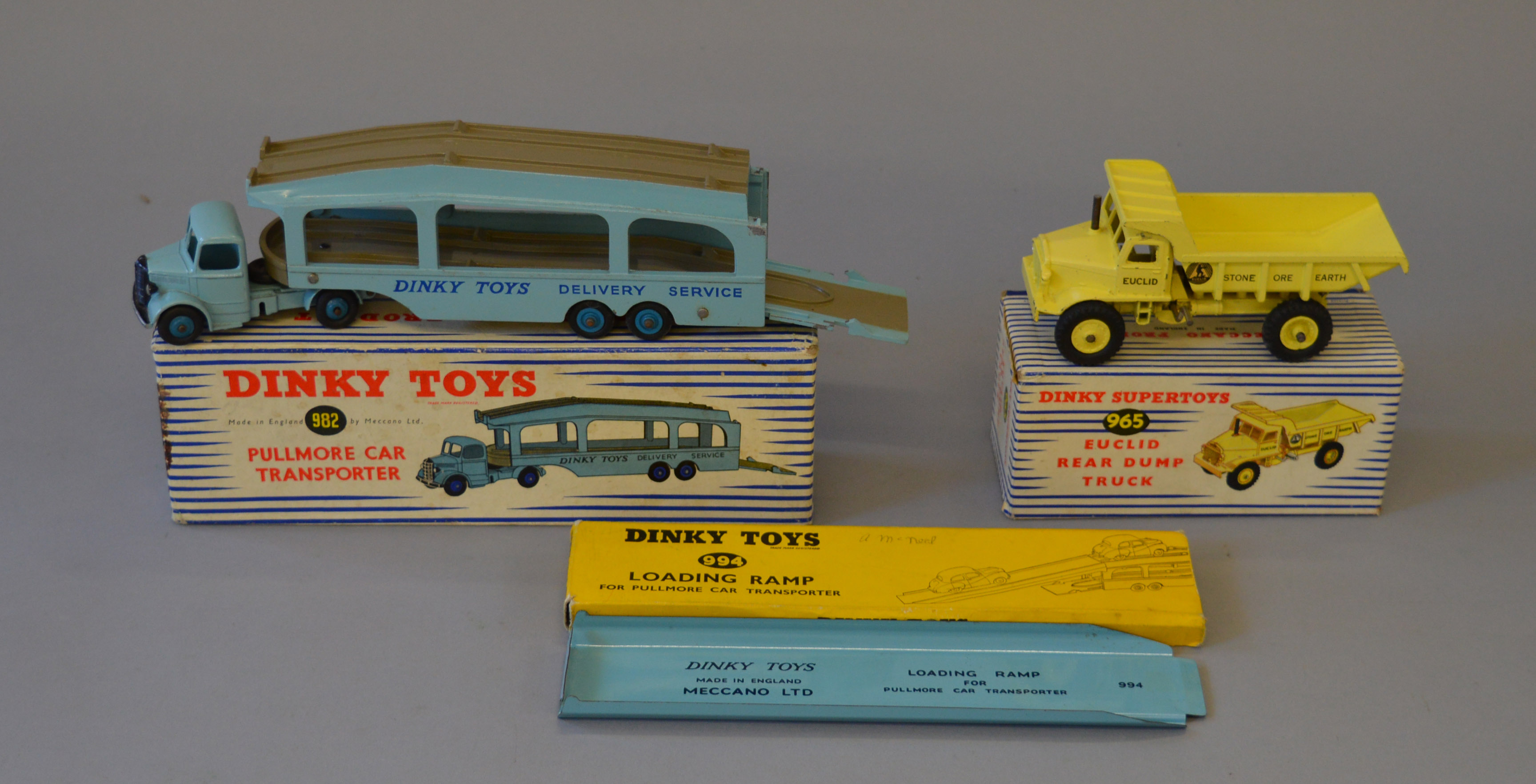 Three Dinky Toys: #982 Pullmore Car Transporter; #994 Loading Ramp for Car Transporter;