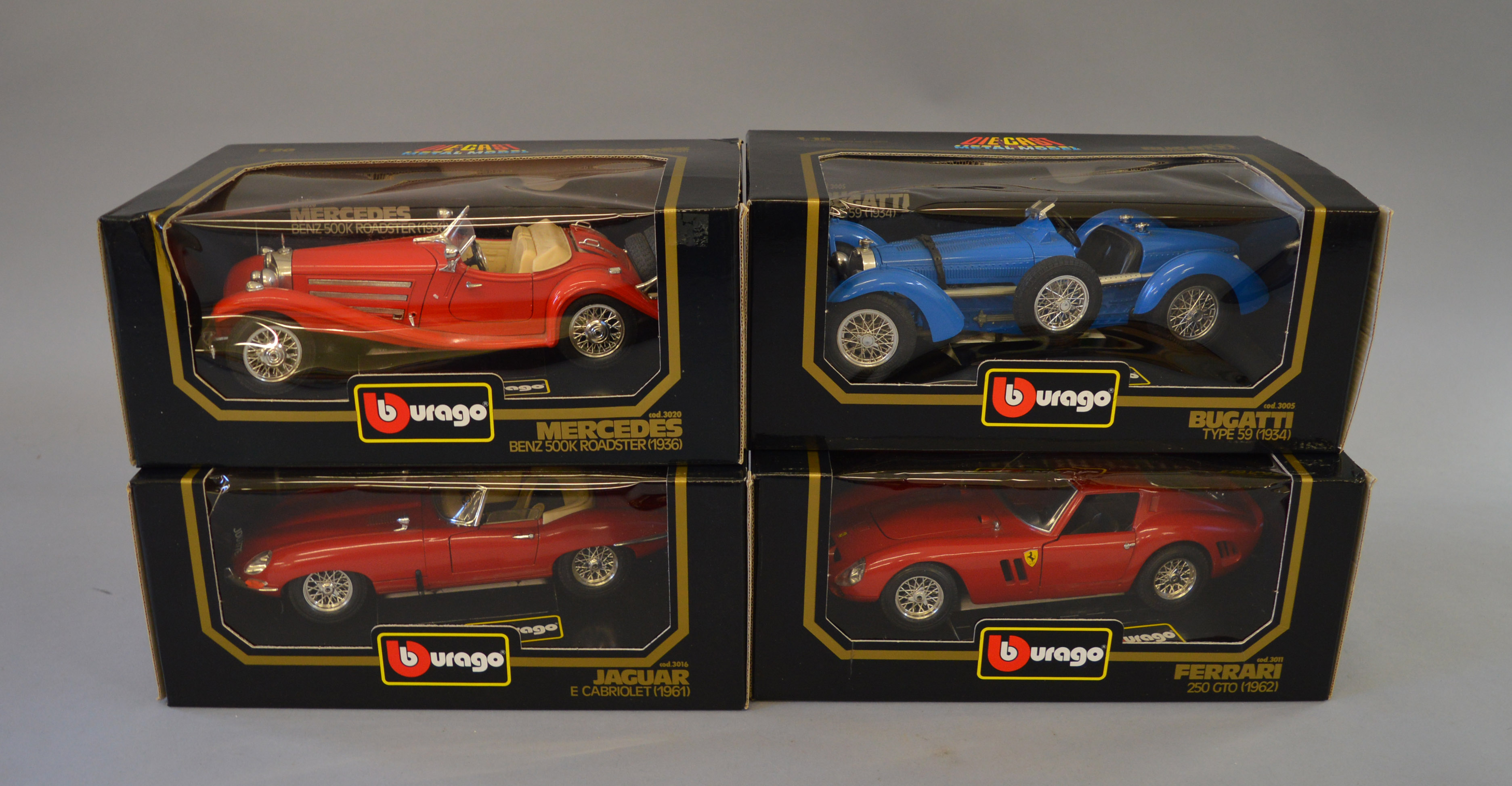 Four Bburago 1:18 scale diecast models: #3020; #3016; #3011; #3005. All VG, boxed.