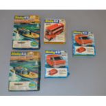Five Dinky Kits: two #1050 Motor Patrol Boats; two #1025 Ford Transit Vans; #1017 Routemaster Bus.