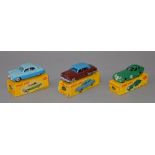 Three Dinky Toys: #162 Ford Zephyr Saloon in two-tone blue, matches colour spot on box,