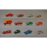 12 x Mattel Mebetoys diecast and plastic models. G-VG, unboxed.