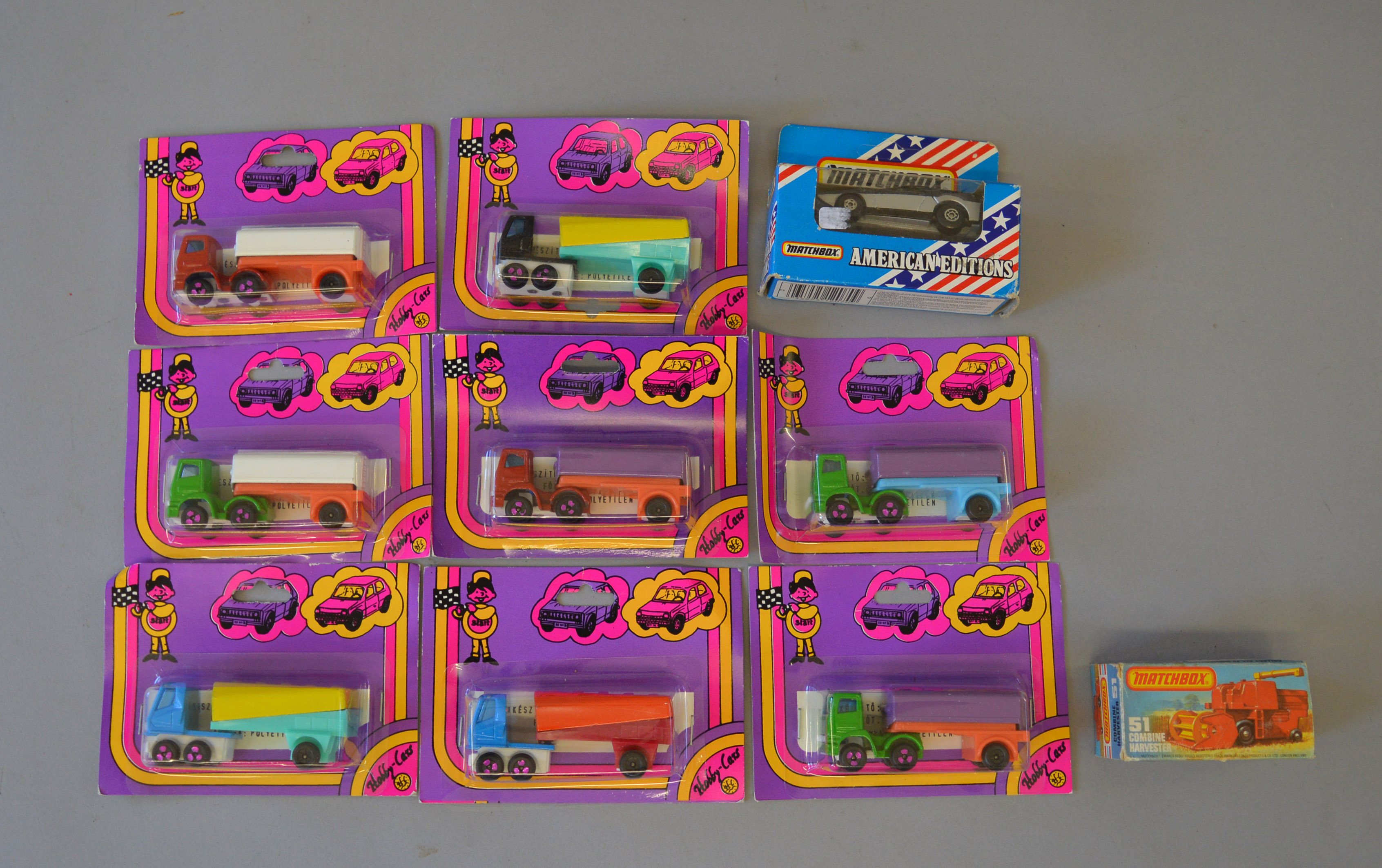 Eight Hobby-Cars (Hungary), carded. Together with two Matchbox models.