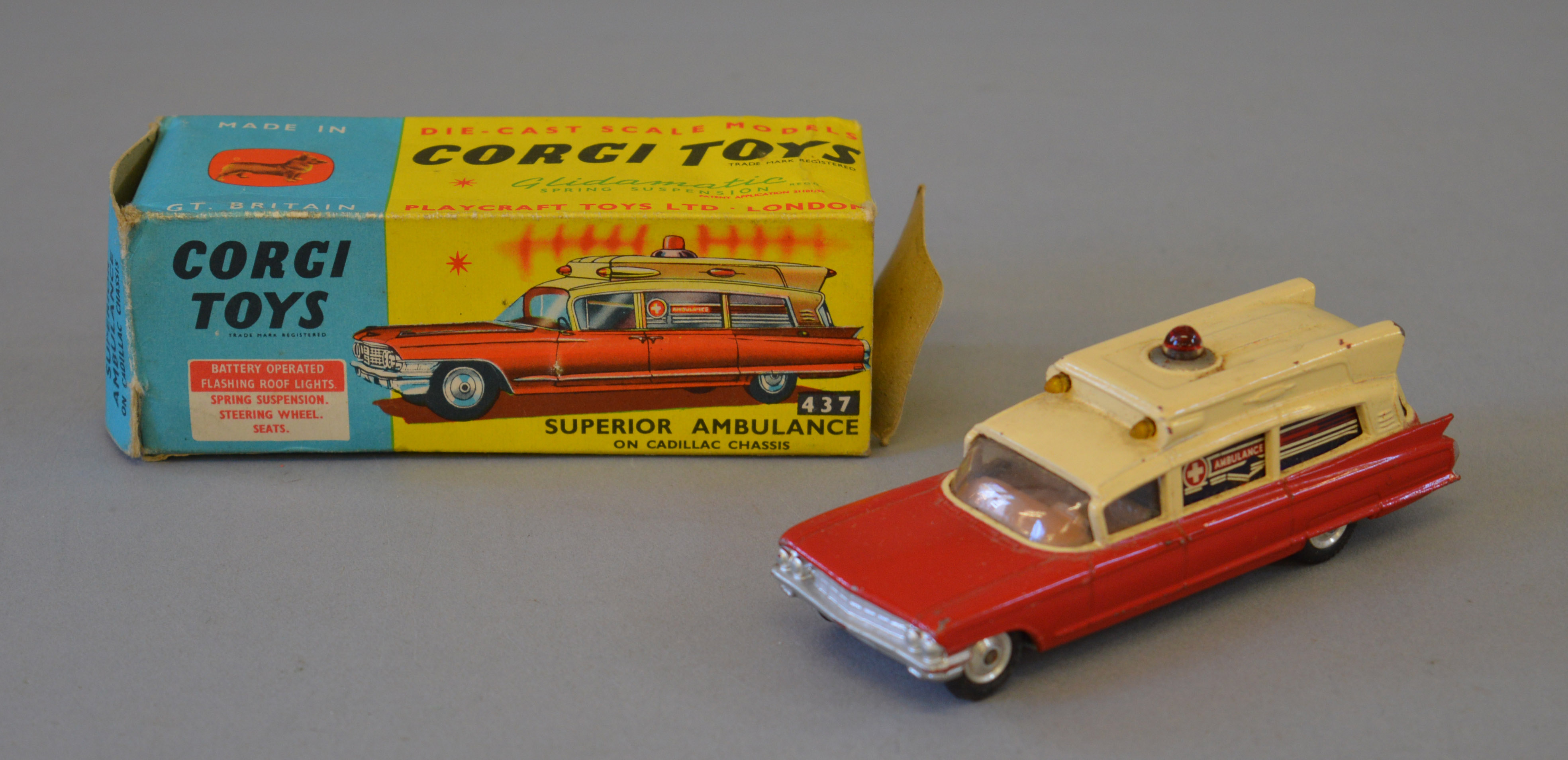 Corgi Toys #437 Cadillac Superior Ambulance, cream over red body.