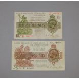George V One Pound Note No. 048698 and 10 Shilling Note No.