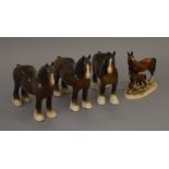 3 Beswick Shire horses with platted manes together with a continetal horse figure (4)