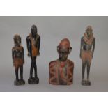 4 carved African wooden figures and busts