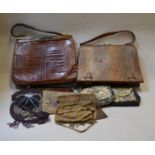 Quantity of assorted vintage handbags and bead bags including crocodile and snake skin examples.