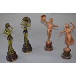 2 pairs of French spelter / alloy figures on bakelite and wooden bases.