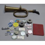 Mixed lot of automobilia including a vintage car horn, Bus conductor badges etc.