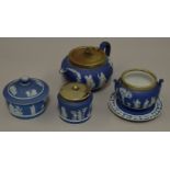 Small collection of Wedgewood Jasperware including teapot and other silver plated examples.