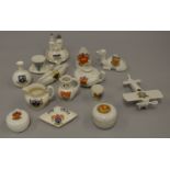 14 Pieces of assorted Crested Ware including a scarce Submarine, Aeroplane, pin tray and camel etc.