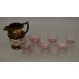 Set of 6 Victorian pink ribbon pattern glasses together with a Staffordshire lustre jug