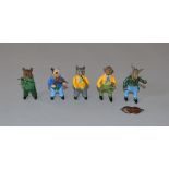 Five metal figures, all animals with instruments,
