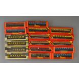 OO Gauge 17 x assorted coaches, various manufacturers including Wrenn. Overall G in F/G boxes.