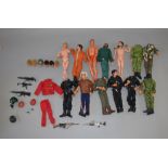 12 x Palitoy Action Man figures with flock hair, some with heads detached and fatigued hands.
