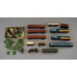 OO Gauge. Hornby 3 car HST set, Playcraft diesel, Hornby 0-4-0 saddle tank & rolling stock.