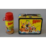 Thermos Popeye tin lunchbox, brightly coloured and illustrated, contains flask. F-G.