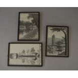 Three 20th century textile silk weavings depicting various Oriental scenes,