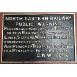 North Eastern Railway Trespass Public Warning cast iron sign. 90cm x 60cm.