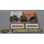 Mixed lot of railway interest including reproduction cast sign, 3 Danbury Mint models etc.