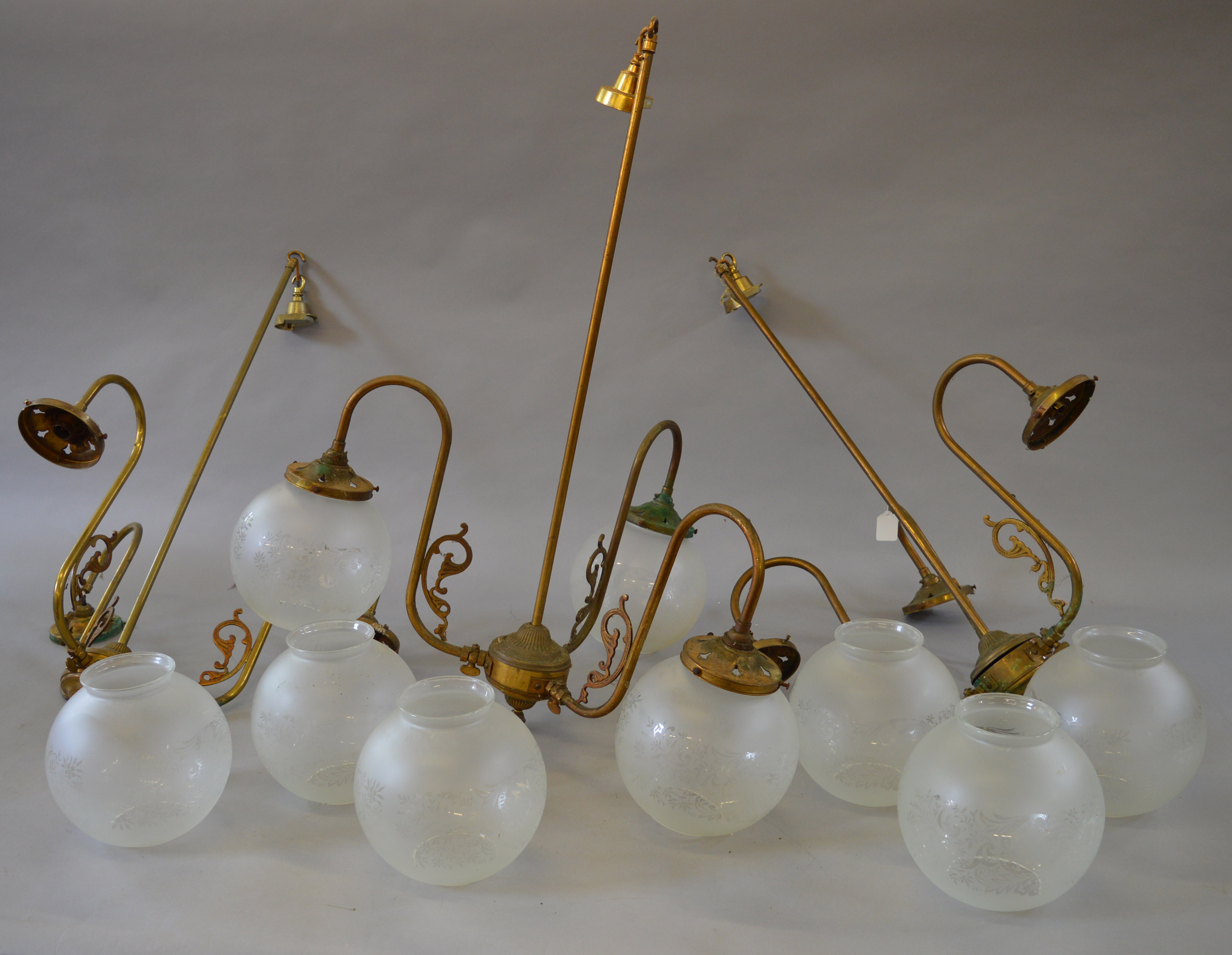 3 20th century three branch brass light fittings with 9 etched glass shades [COLLECTION ONLY]