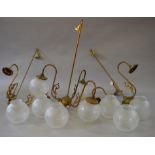 3 20th century three branch brass light fittings with 9 etched glass shades [COLLECTION ONLY]