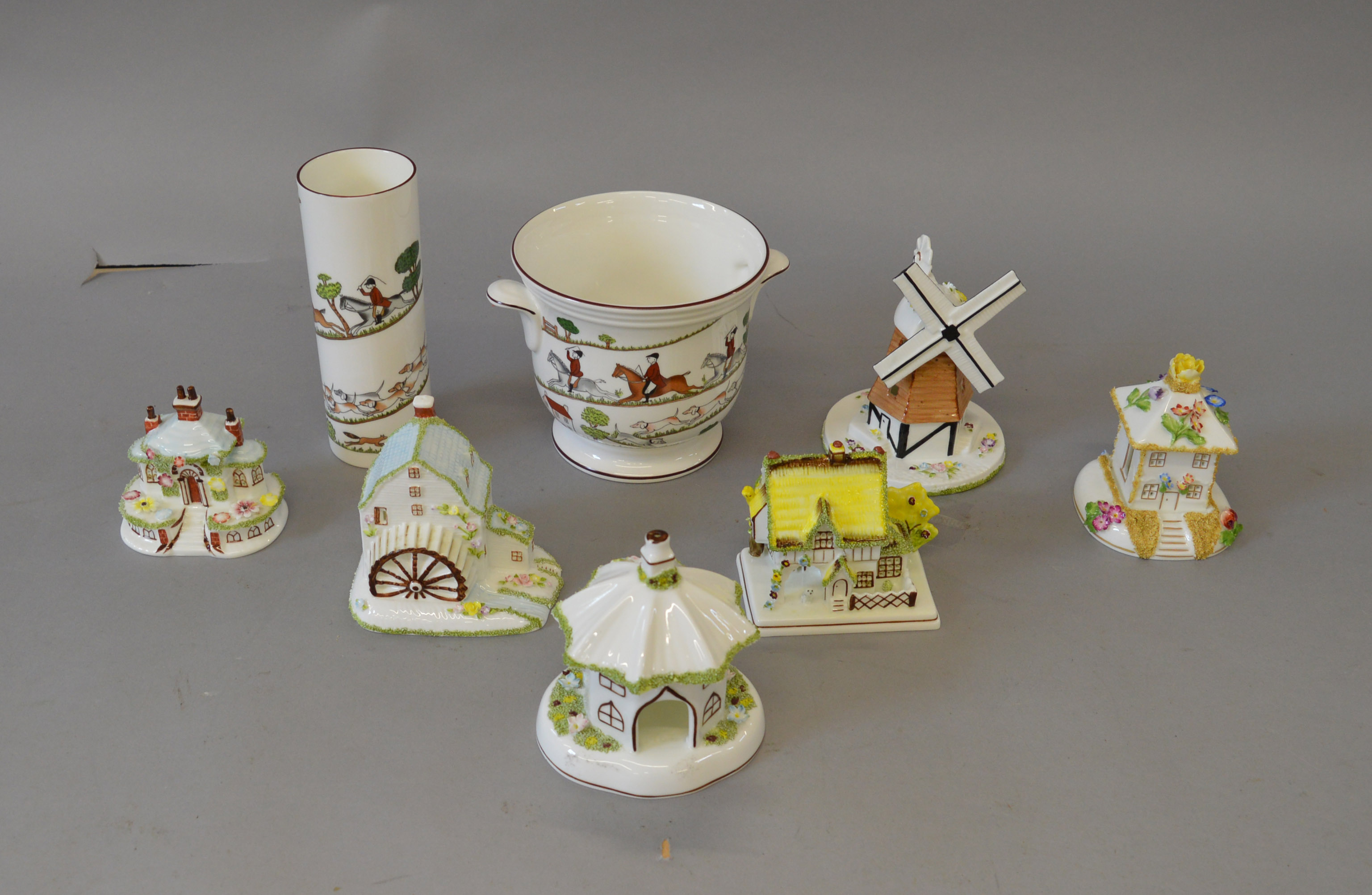8 Coalport items to include cottages, windmills and two Hunting related items.