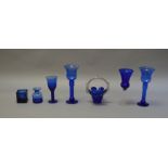 7 pieces of cobalt Bristol blue glass including a goblet with barley-twist stem and a bon bon dish.