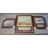 3 interesting aviation related prints, framed with unusual card RAF style badges, stamps and coins.