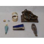 Mixed lot including a bronzed study of a naked woman together with a pair of hallmarked silver