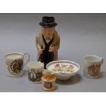 Royal Doulton Churchill Character jug together with 5 other Royal and Patriotic cups,
