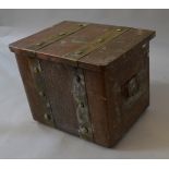 An early 20th century copper cased wooden coal box with brass riveting design.