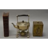 A Christopher Dresser style silver plated picnic kettle together with a brass cased tea caddy and