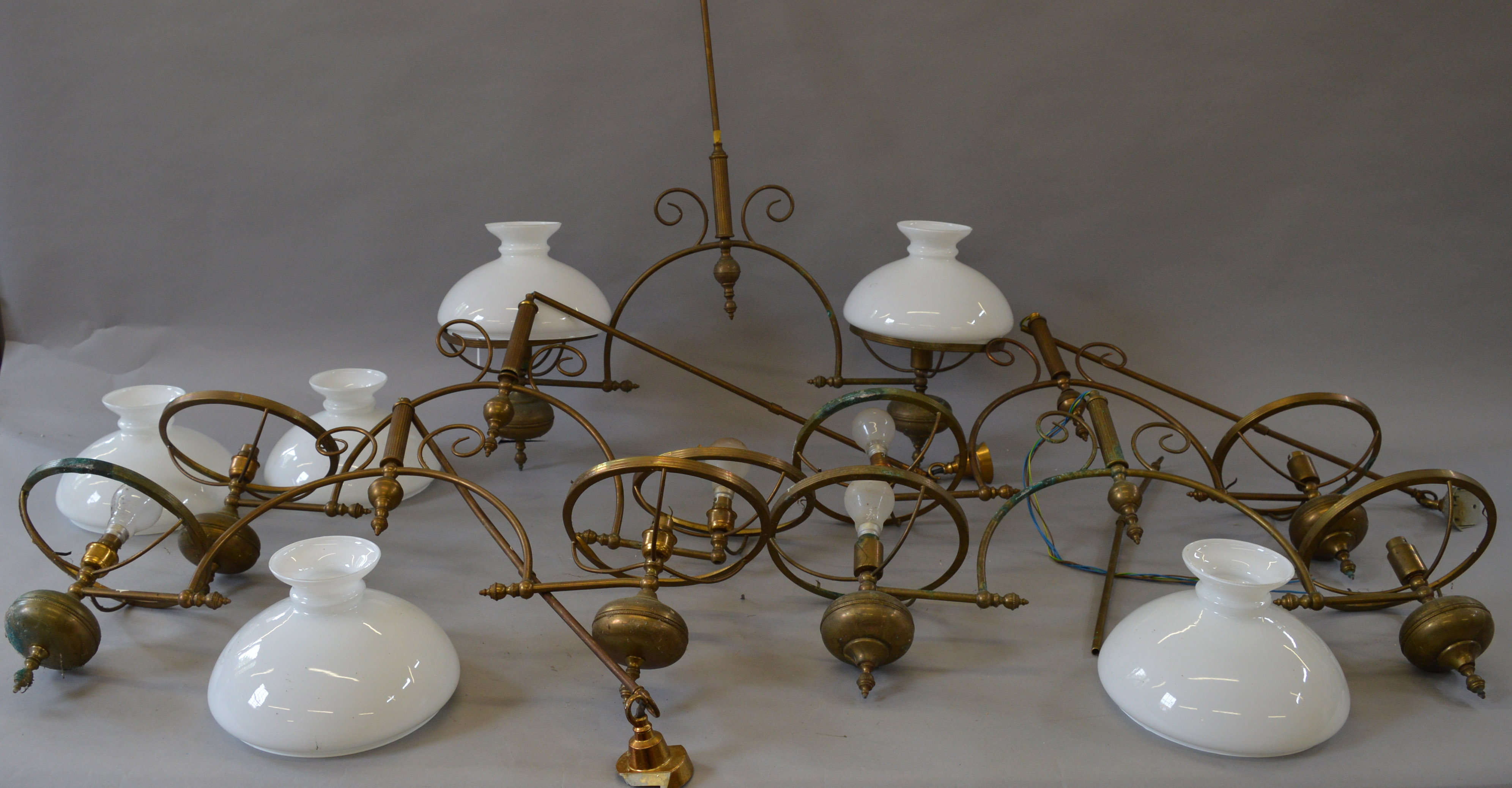 5 20th century two branch brass light fittings with 6 opaque glass shades [COLLECTION ONLY]